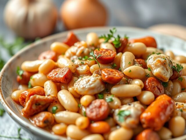 Witte Bonen Casserole met Kip en Chorizo — AI-gegenereerde illustratie