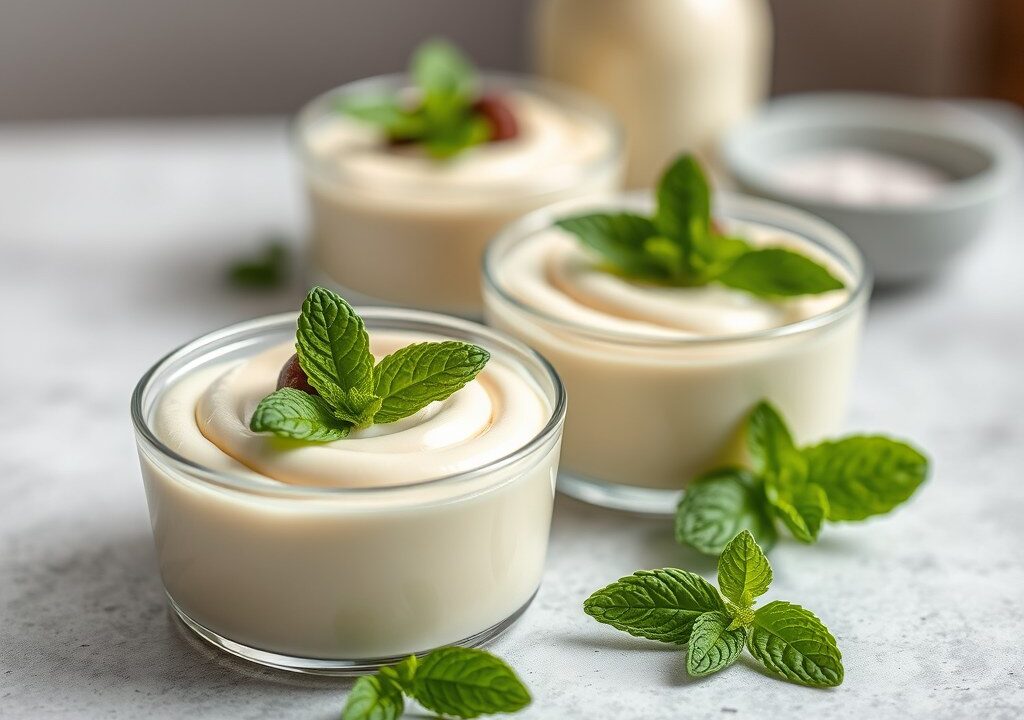 Witte chocolademousse met munt, AI-gegenereerde illustratie