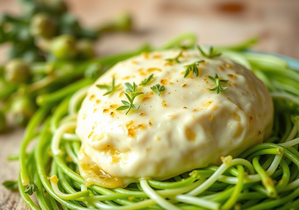 Witte van Rotselaar gesmolten op een bedje van groene asperges — AI-gegenereerde illustratie