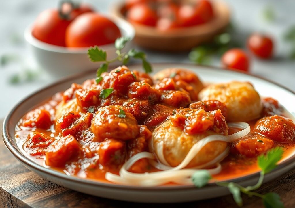Witvis met pittige tomatensaus — AI-gegenereerde illustratie