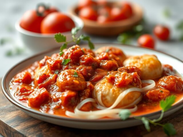 Witvis met pittige tomatensaus — AI-gegenereerde illustratie