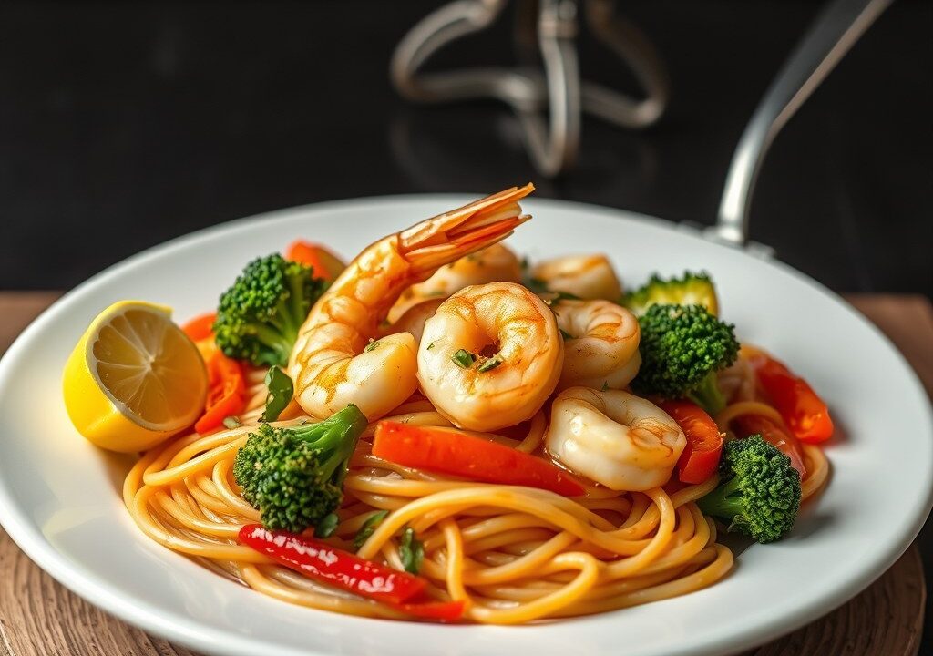 Wok met garnalen met noedels en groenten — AI-gegenereerde illustratie