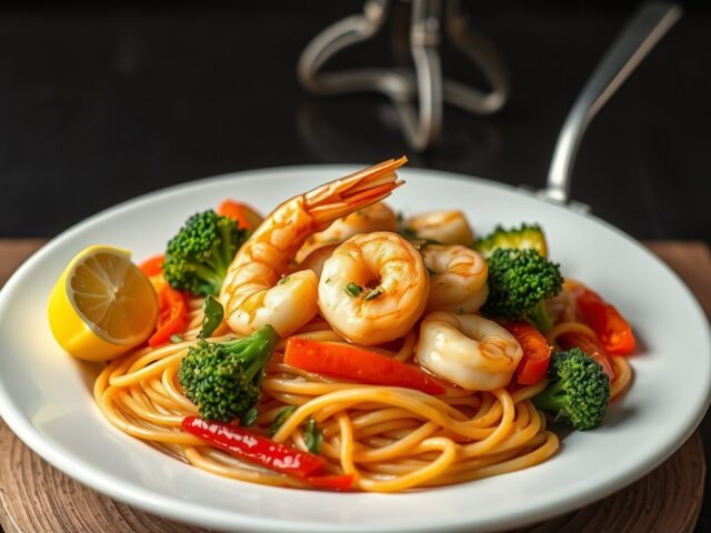 Wok met garnalen met noedels en groenten — AI-gegenereerde illustratie