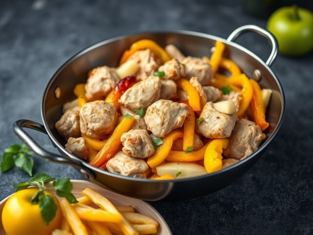 Wok met kip, appel en gele paprika — AI-gegenereerde illustratie