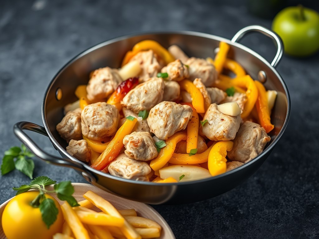 Wok met kip, appel en gele paprika, AI-gegenereerde illustratie