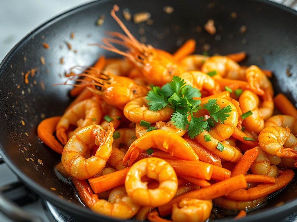 Wok met scampi’s, AI-gegenereerde illustratie