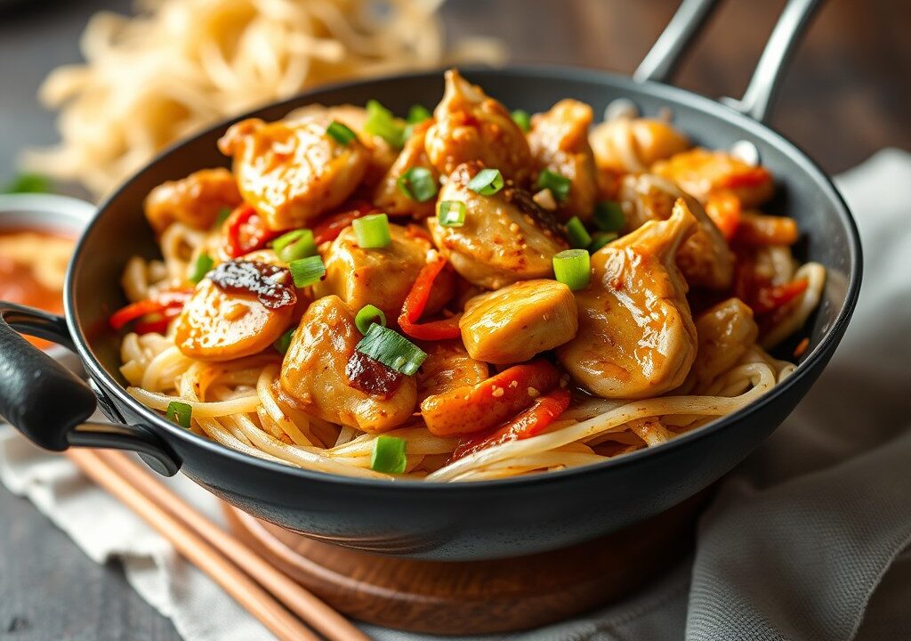 Wokschotel met kip en paksoi — AI-gegenereerde illustratie