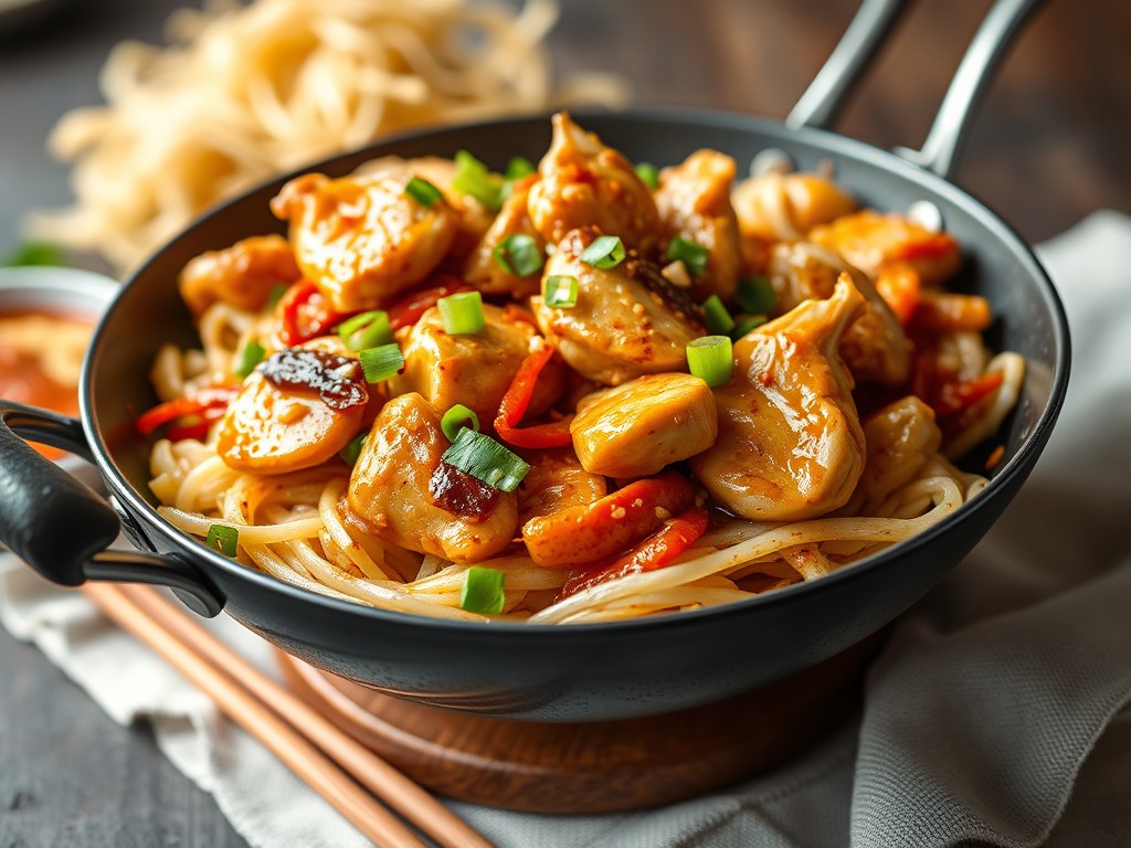 Wokschotel met kip en paksoi, AI-gegenereerde illustratie