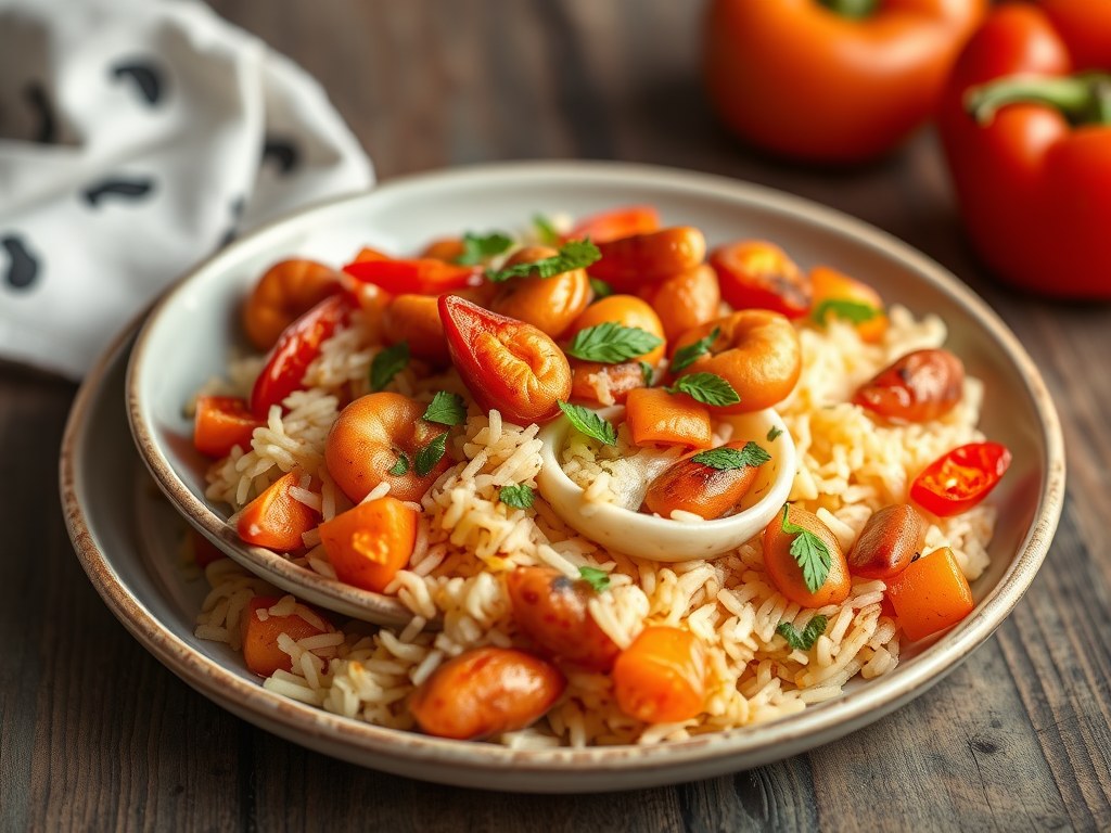 Wokschotel met voorjaarsgroentjes, kalkoen en basmati, AI-gegenereerde illustratie