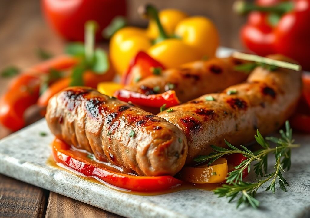 Worst met gegrilde paprika’s en rucolla — AI-gegenereerde illustratie