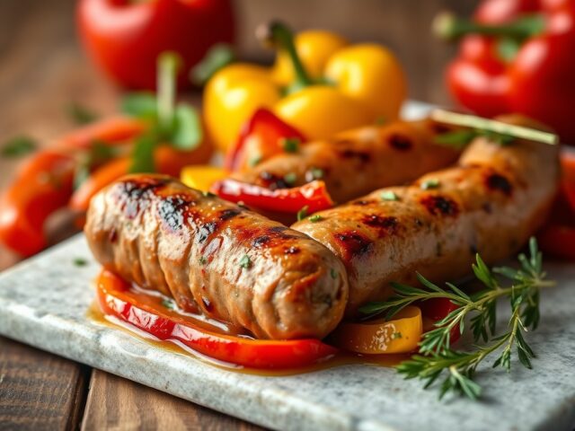 Worst met gegrilde paprika’s en rucolla — AI-gegenereerde illustratie