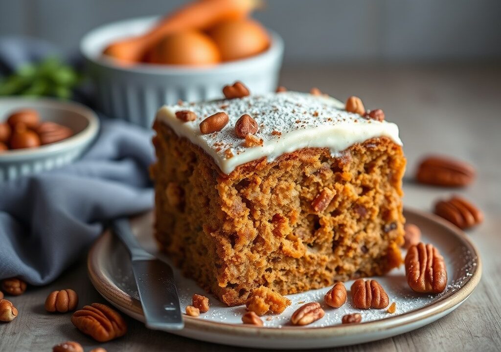 Wortelcake met pecannoten, AI-gegenereerde illustratie