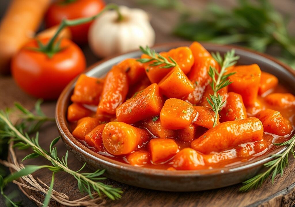Wortelen in tomaten knoflooksaus — AI-gegenereerde illustratie