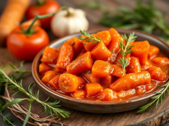 Wortelen in tomaten knoflooksaus — AI-gegenereerde illustratie