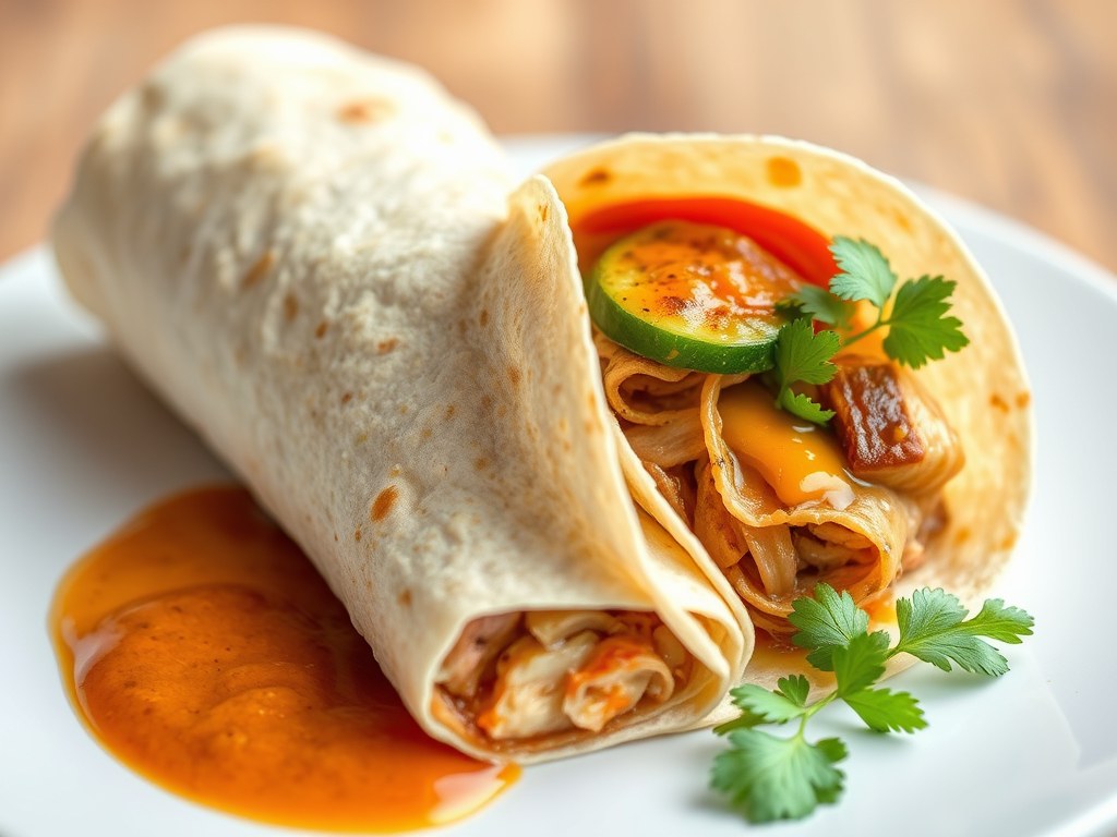 Wrap met kipshoarma, ijsbergsla, eigengemaakte sambalsaus en eigengemaakte knoflooksaus, AI-gegenereerde illustratie