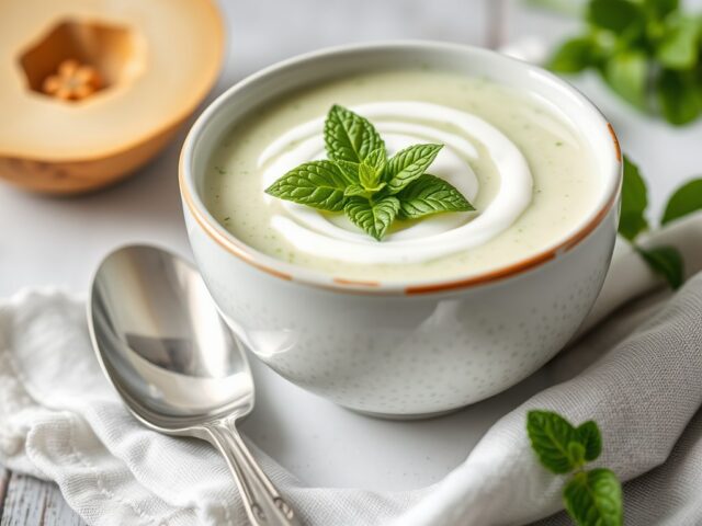 Yoghurt-komkommersoep met munt — AI-gegenereerde illustratie