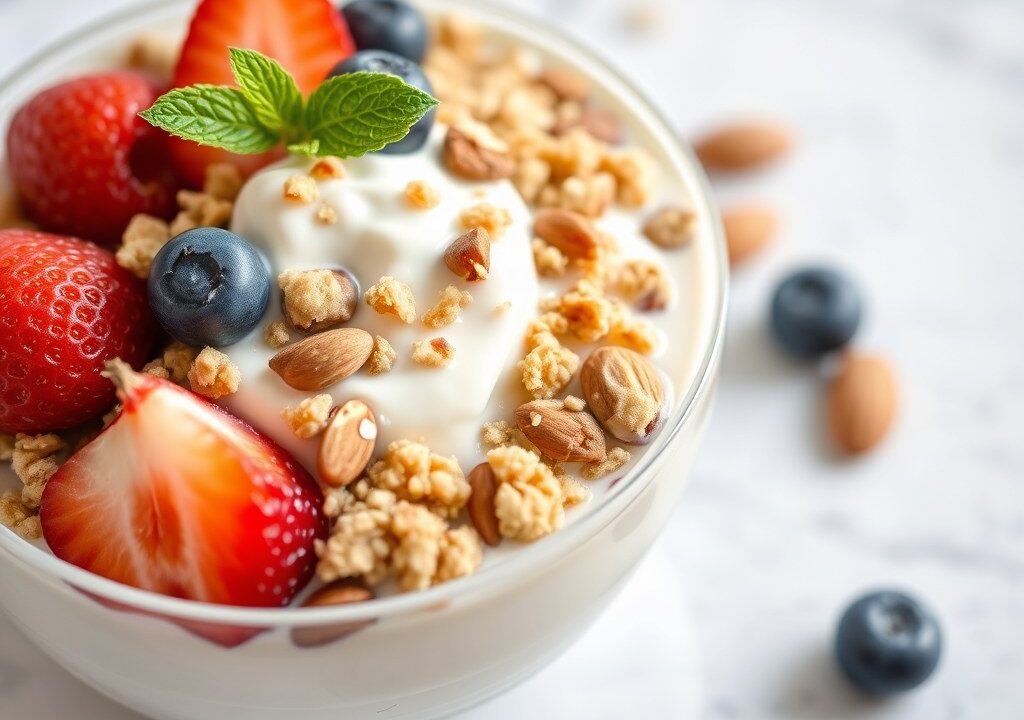 Yoghurt met vers fruit en knapperige granencrumble, AI-gegenereerde illustratie