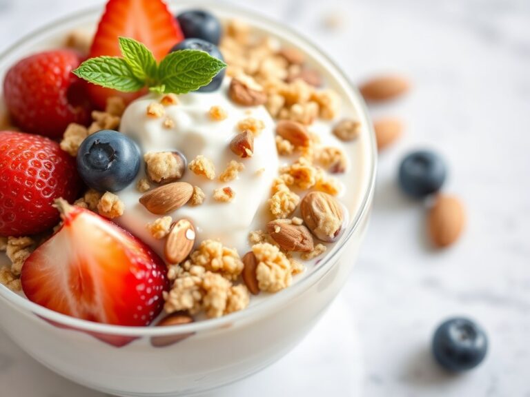 Yoghurt met vers fruit en knapperige granencrumble — AI-gegenereerde illustratie