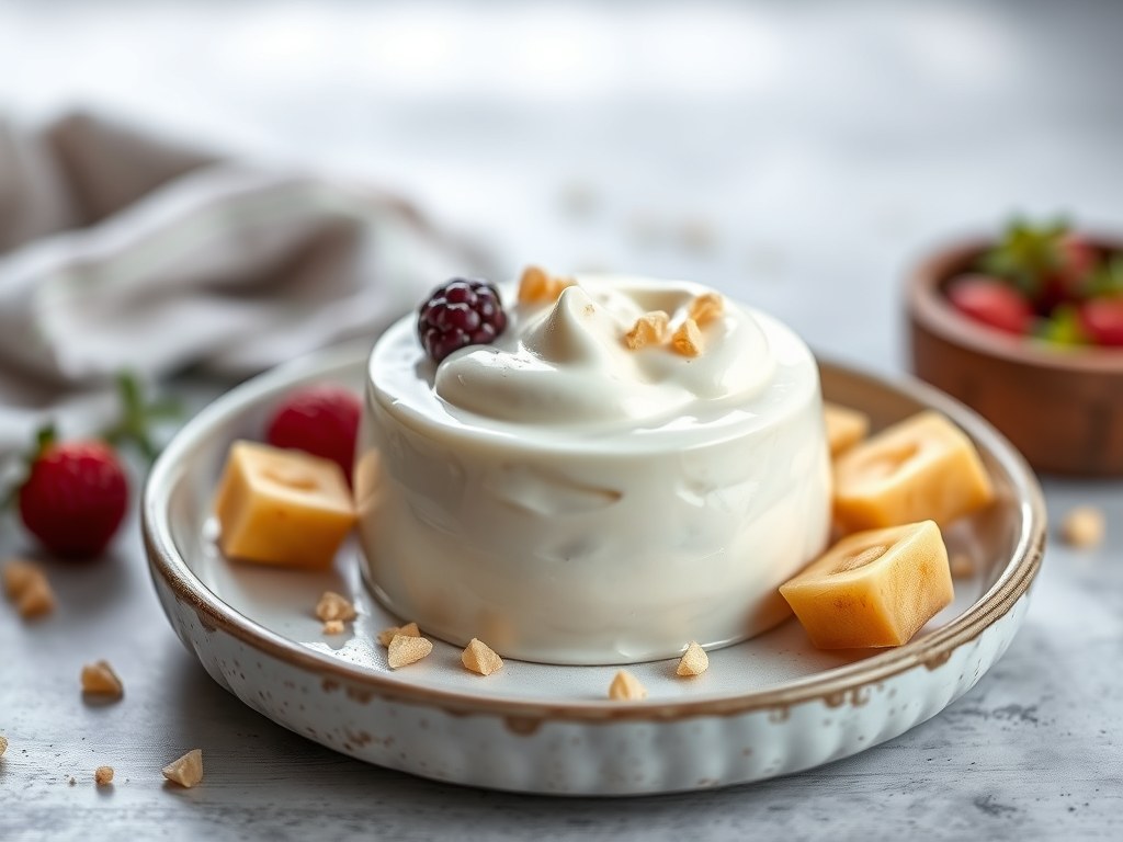 Yoghurt panna cotta met granaatappel, AI-gegenereerde illustratie