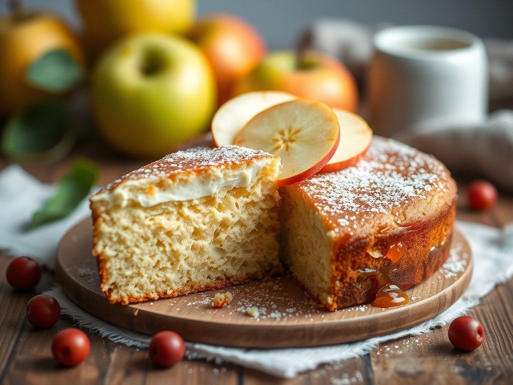 Yoghurtcake met appel, AI-gegenereerde illustratie