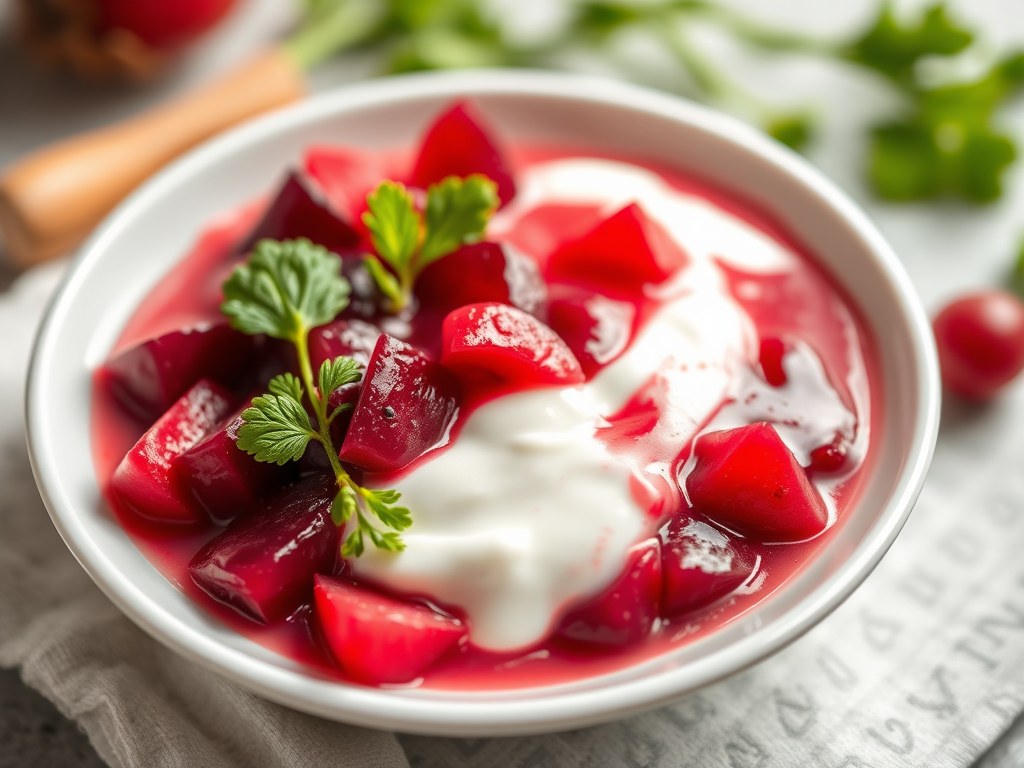 Yoghurtsausje van mierikswortel en rode biet, AI-gegenereerde illustratie