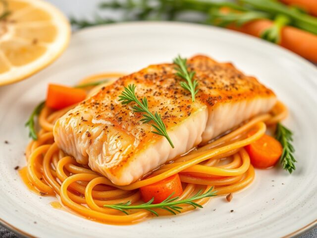 Zalm en kabeljauw op Italiaanse wijze — AI-gegenereerde illustratie