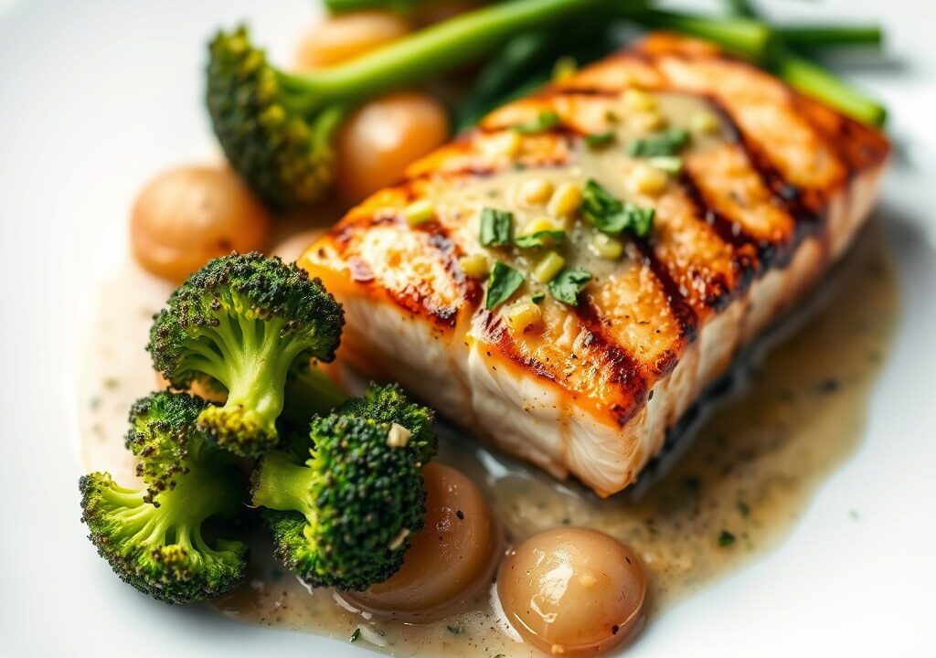 Zalm gegrild met broccoli en mosterdsaus, AI-gegenereerde illustratie