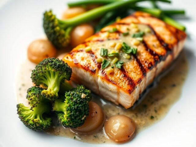 Zalm gegrild met broccoli en mosterdsaus — AI-gegenereerde illustratie