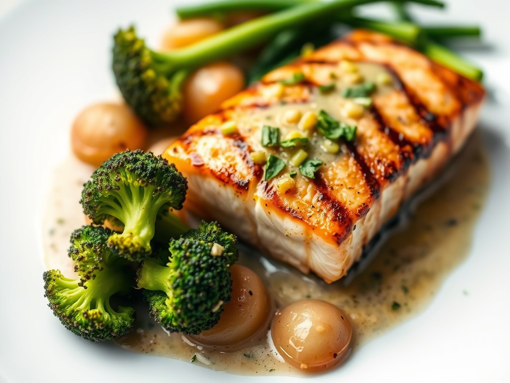 Zalm gegrild met broccoli en mosterdsaus, AI-gegenereerde illustratie
