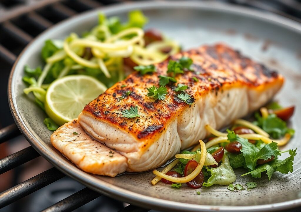 Zalm in een slajasje met dragon-koolsalade, AI-gegenereerde illustratie
