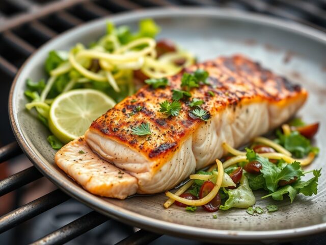 Zalm in een slajasje met dragon-koolsalade — AI-gegenereerde illustratie