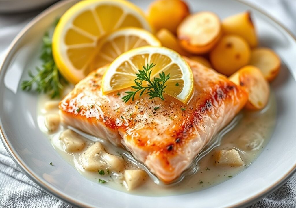 Zalm in korst met stoemp — AI-gegenereerde illustratie
