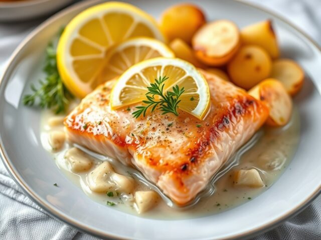 Zalm in korst met stoemp — AI-gegenereerde illustratie