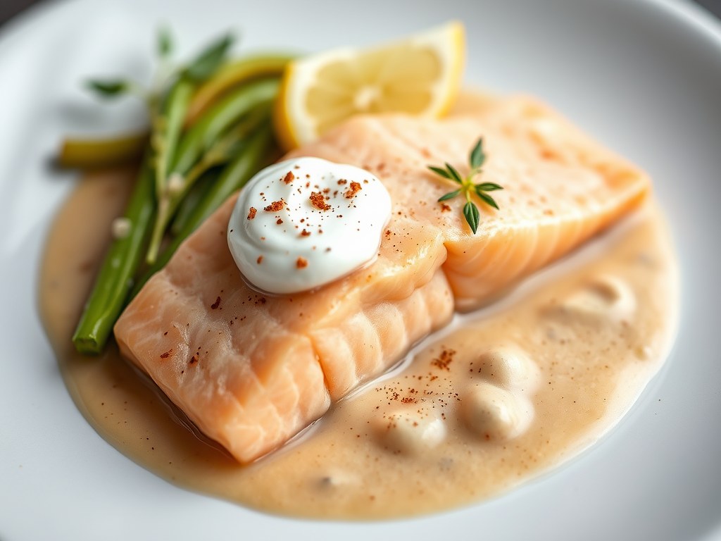 Zalm in kruidenroomsaus, AI-gegenereerde illustratie