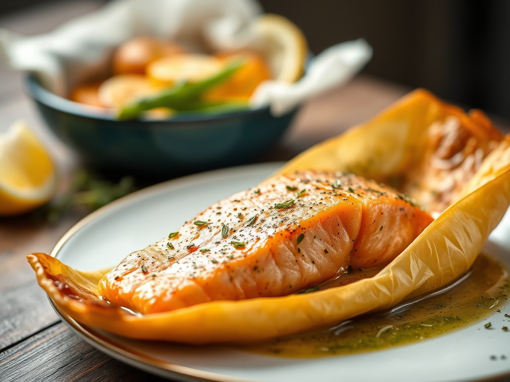 Zalm in papillot en gevulde aardappel, AI-gegenereerde illustratie