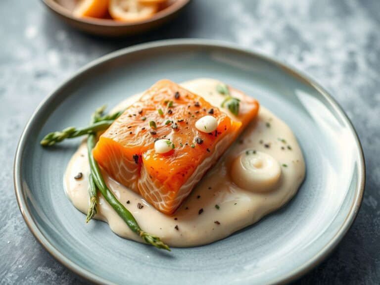Zalm met asperges en mousselinesaus — AI-gegenereerde illustratie
