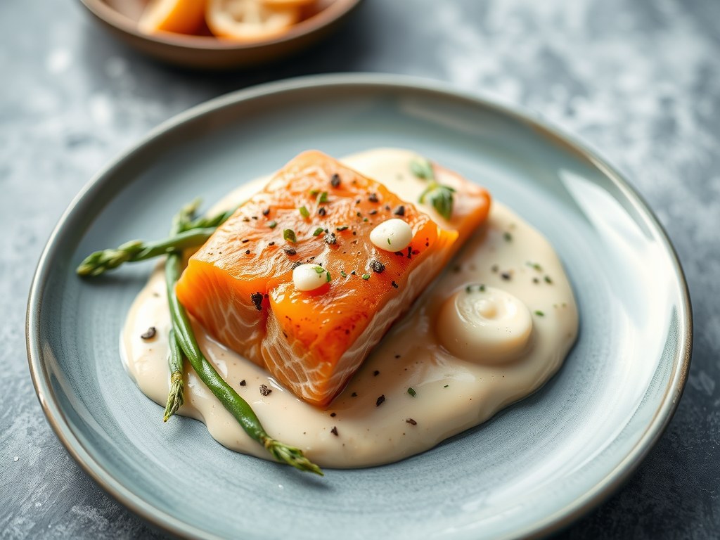 Zalm met asperges en mousselinesaus, AI-gegenereerde illustratie