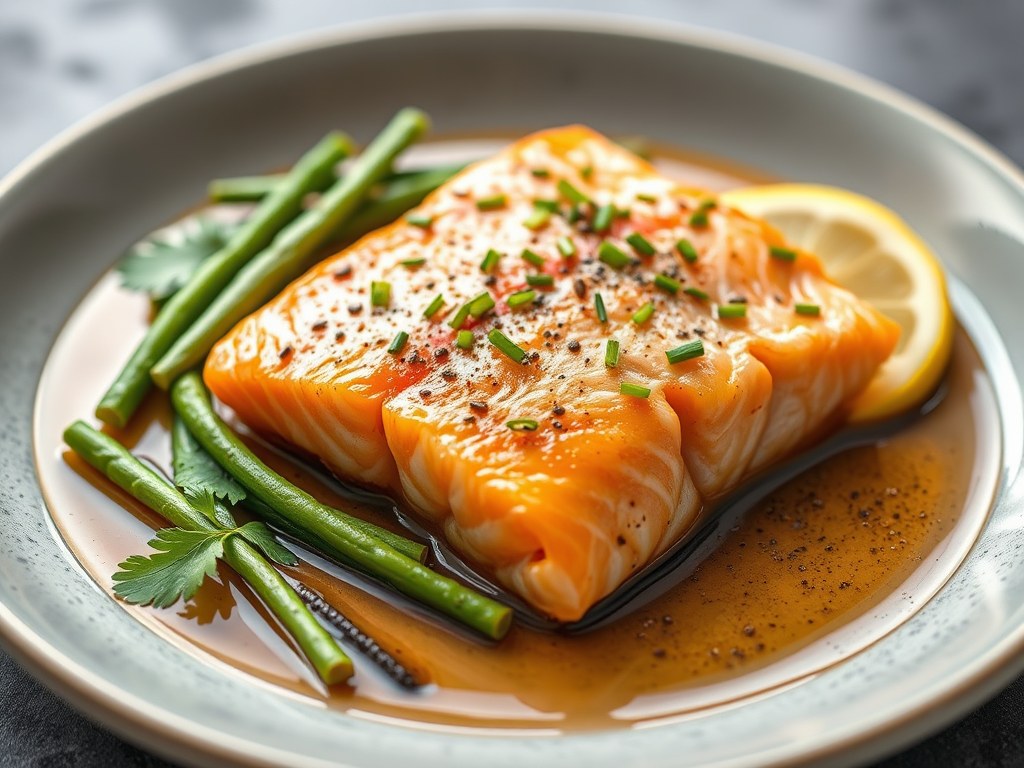 Zalm met asperges in Oosterse bouillon, AI-gegenereerde illustratie