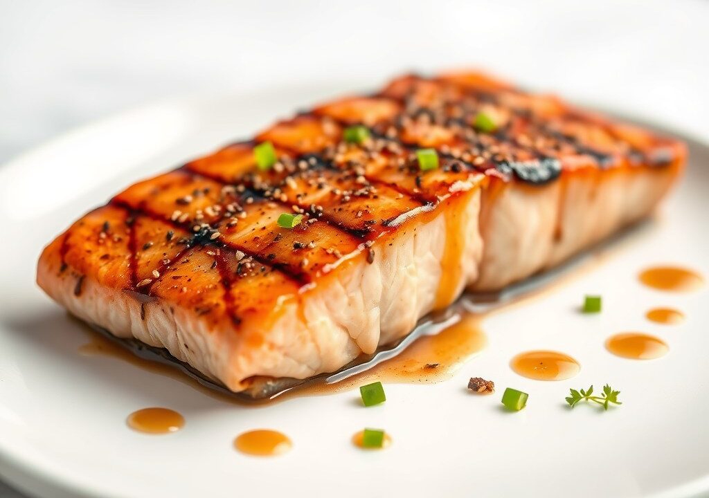 Zalm met een Ahorn Siroop Dressing, AI-gegenereerde illustratie