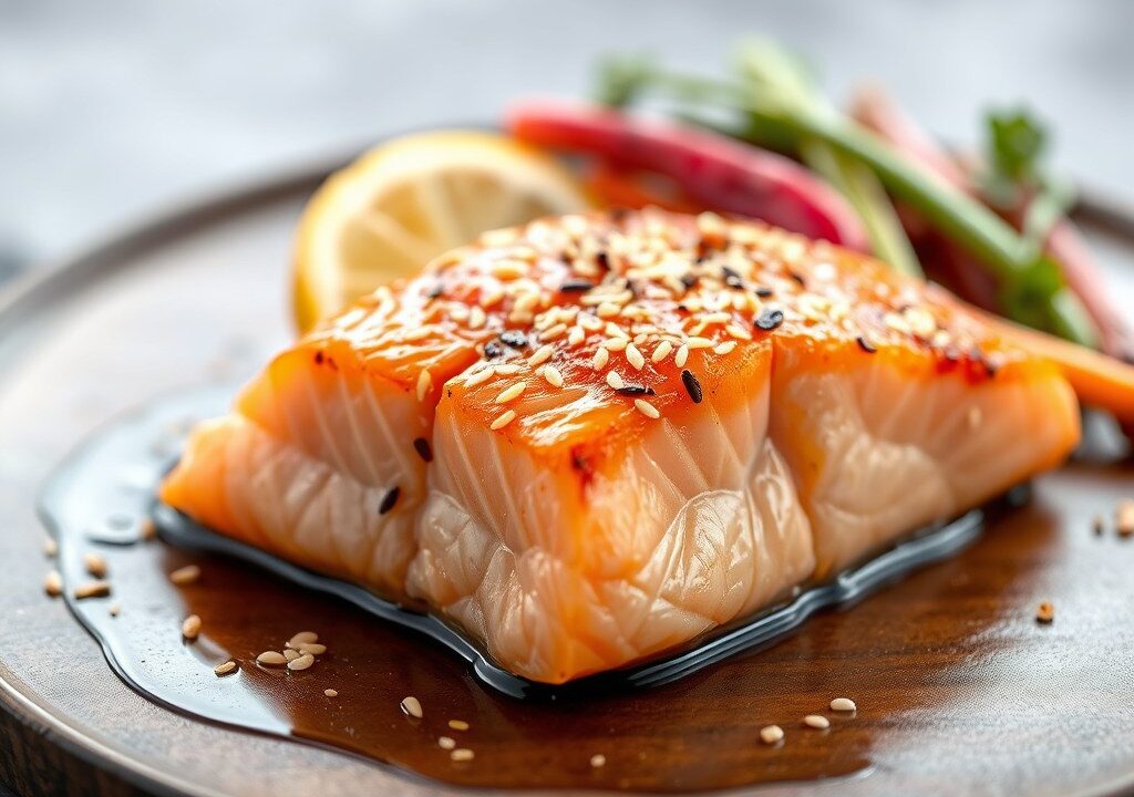 Zalm met een Glazuur van Ketjap-Sesam-Maple — AI-gegenereerde illustratie