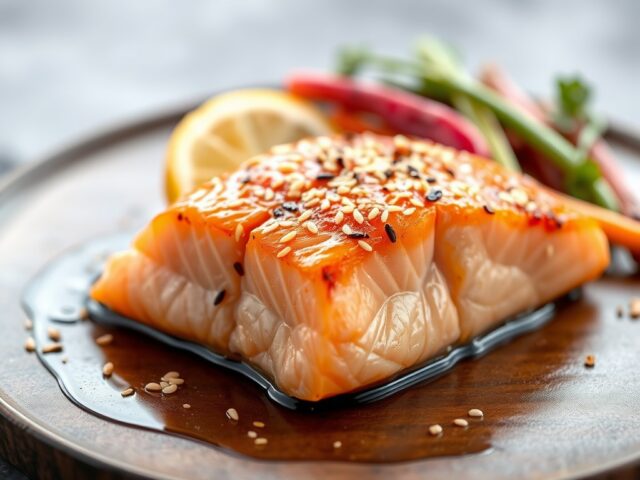 Zalm met een Glazuur van Ketjap-Sesam-Maple — AI-gegenereerde illustratie