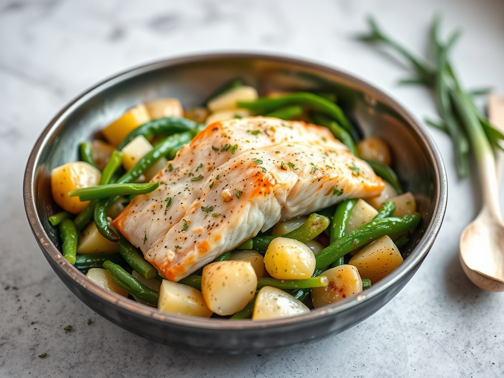 Zalm met een toplaag van tuinkruiden met prei, AI-gegenereerde illustratie