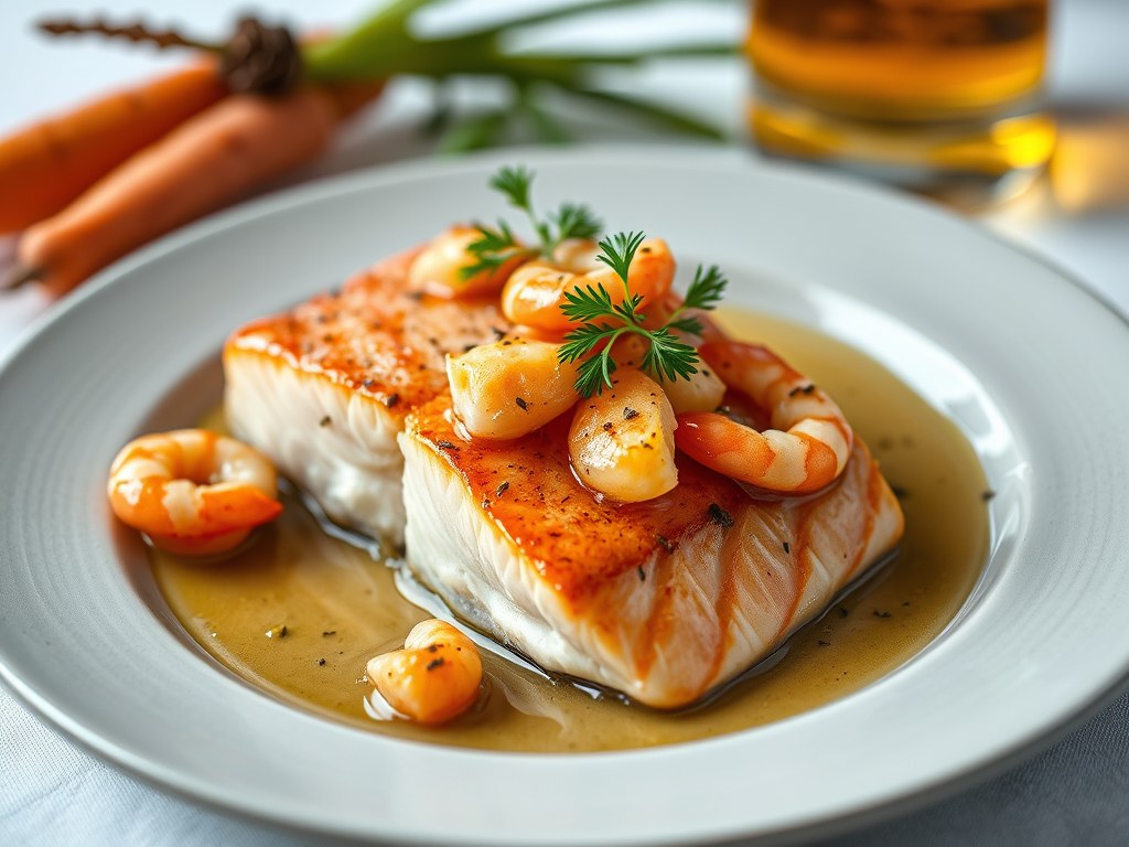 Zalm met grijze garnalen en whisky, AI-gegenereerde illustratie