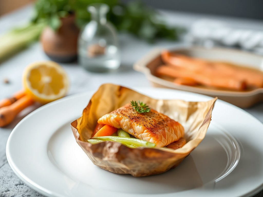 Zalm met prei in papillot, AI-gegenereerde illustratie