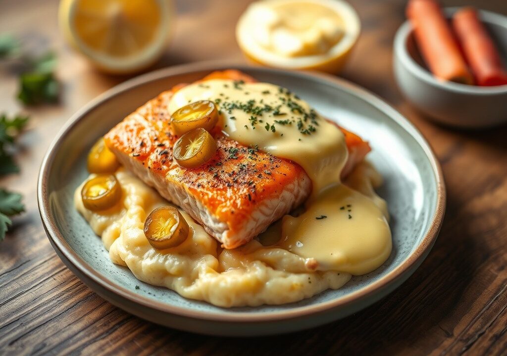Zalm met puree, schorseneren en hollandaise met pickles, AI-gegenereerde illustratie