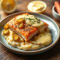 Zalm met puree, schorseneren en hollandaise met pickles
