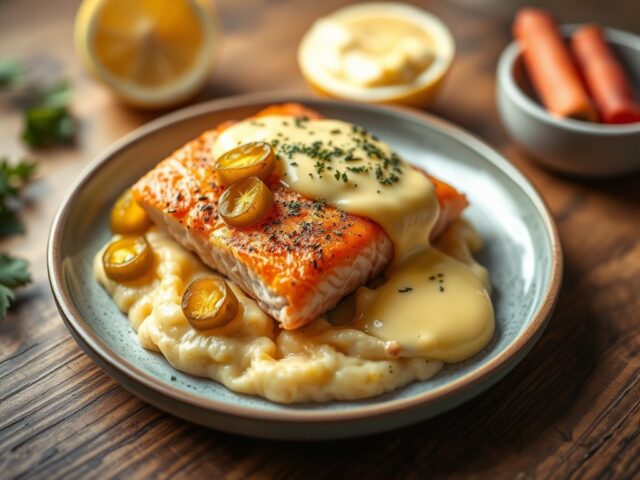 Zalm met puree, schorseneren en hollandaise met pickles — AI-gegenereerde illustratie