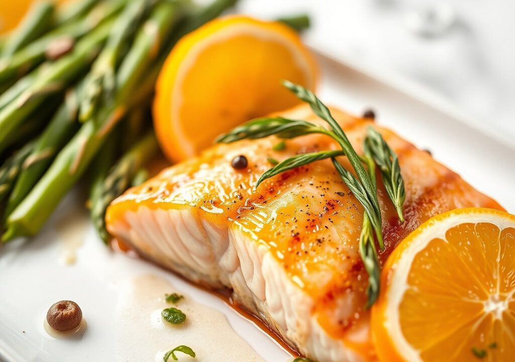Zalm met Sinaasappel-Limoenjus en Groene Asperges, AI-gegenereerde illustratie