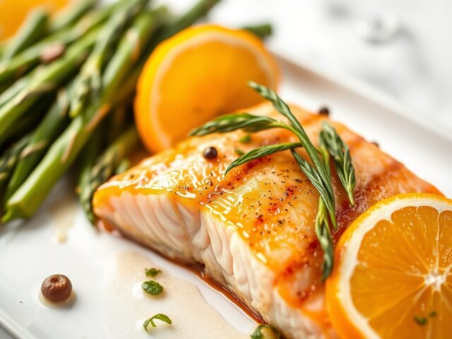 Zalm met Sinaasappel-Limoenjus en Groene Asperges — AI-gegenereerde illustratie