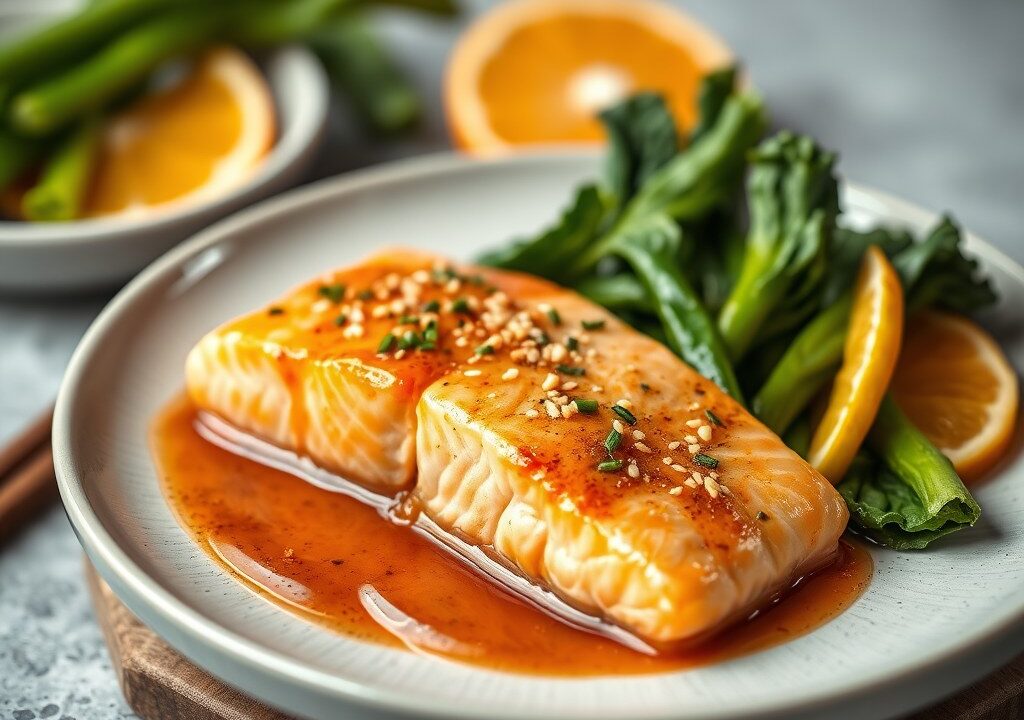 Zalm met Sinaasappel Saus uit de Oven — AI-gegenereerde illustratie